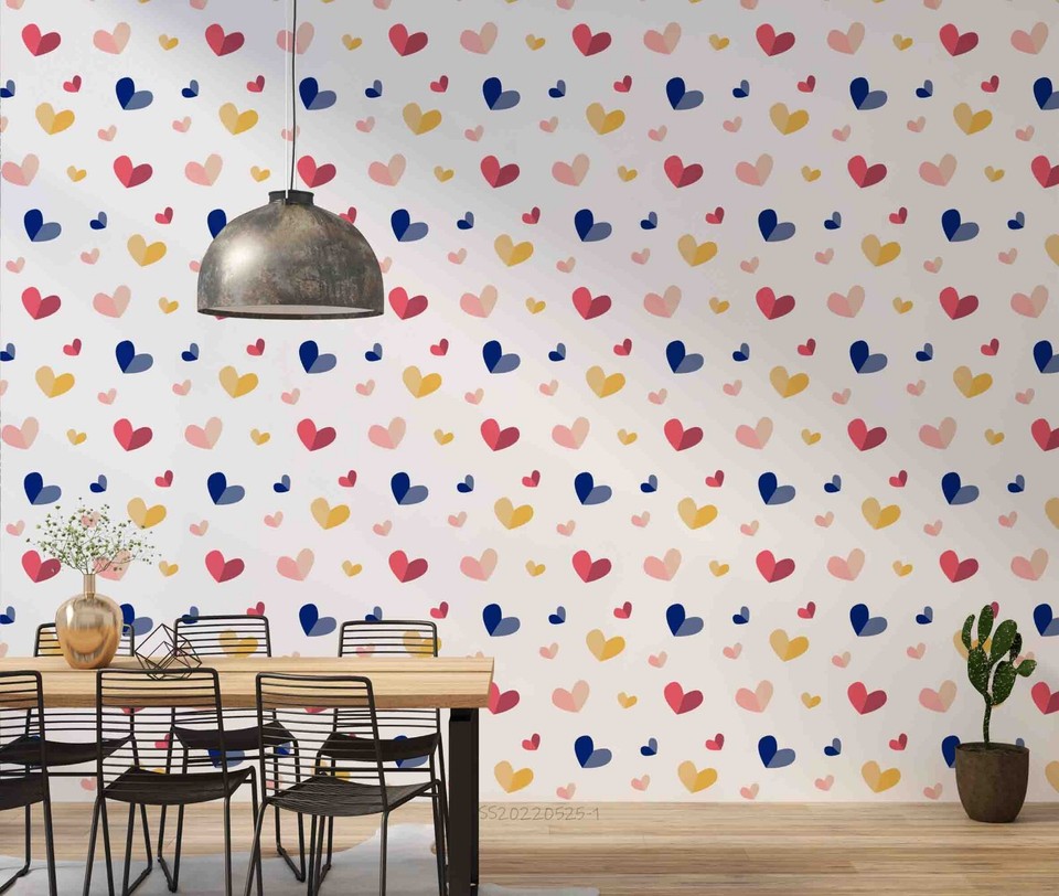 3D Heart Red Blue Yellow Patterns Wallpaper Wall Murals Removable