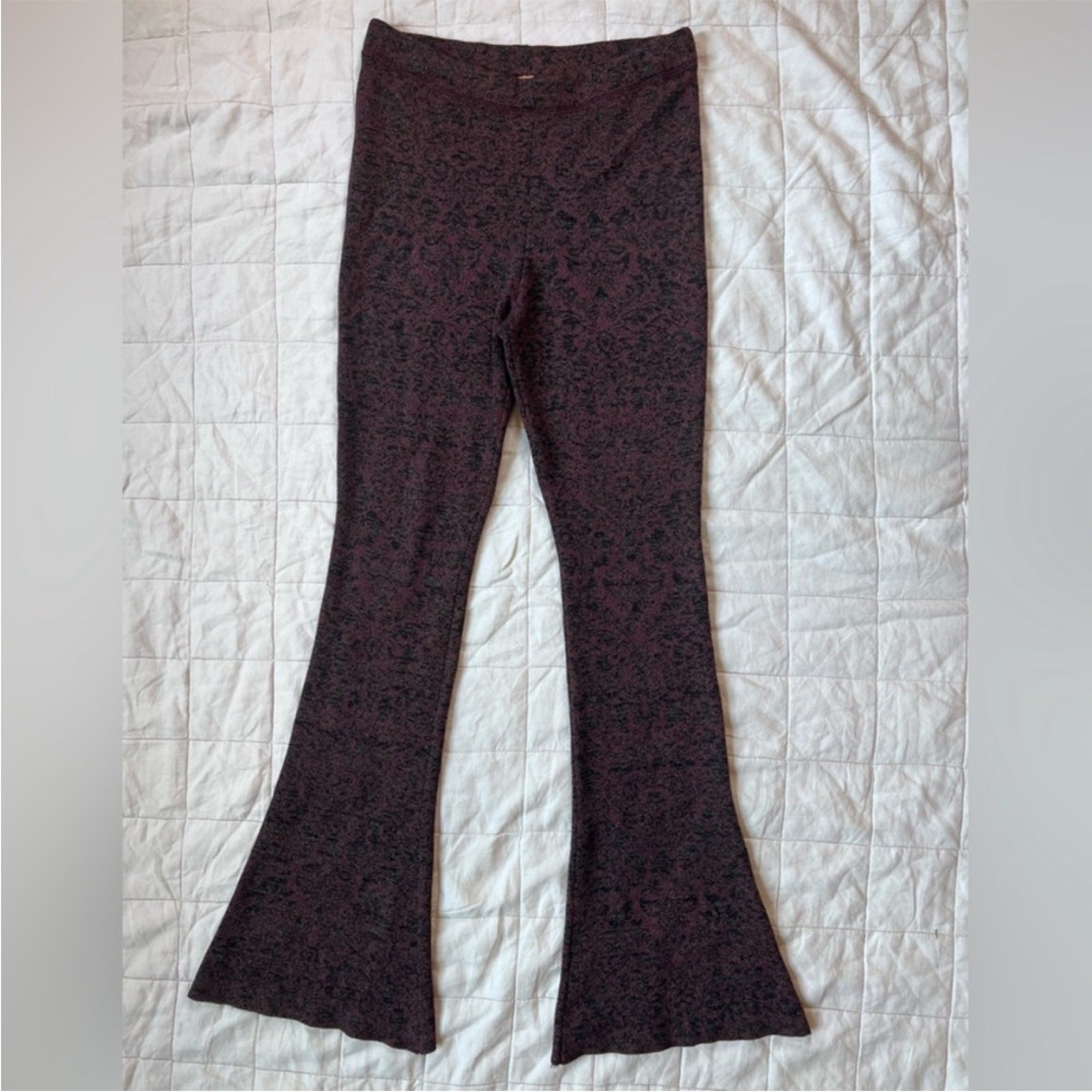 Free People Wine & Black Metallic Jacquard Flare Knit Pant Whimsigoth - Medium
