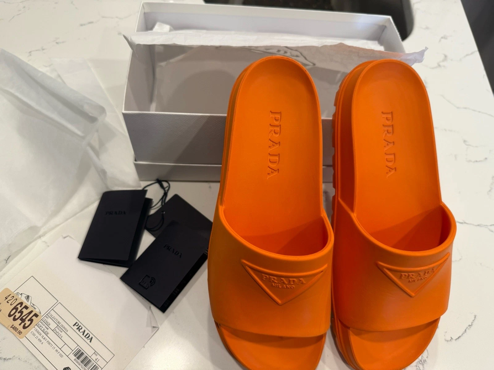 Sandali con plateau piscina in gomma logo Prada Papaya IT 41 W10 M8 con scatola