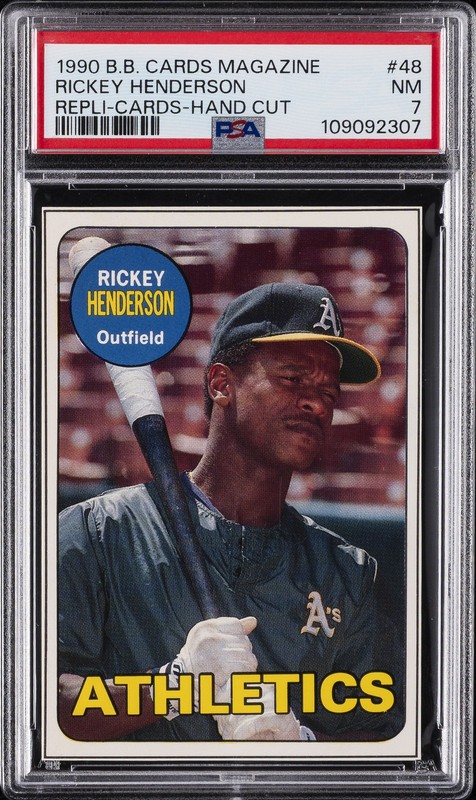 1990 BASEBALL CARDS MAGAZINE REPLI-CARDS HAND CUT #48 RICKEY HENDERSON PSA 7