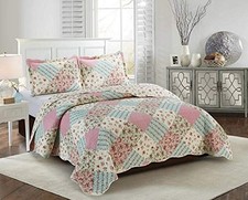 Roses Quilt Set, 3-Piece Bedding Sets with 2 Shams, Quilt Set Queen Pink Green