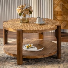 Farmhouse 2-Tier Round Wood Coffee Table with Storage Shelf and Solid Wood Legs