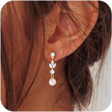 Pearl Dangle Earrings for Women Dainty Wedding Bridal Earrings 14K Gold Plated P