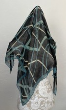 Vintage Glentex Sheer Rayon  Silk Scarf Blue Teal Cream Hand Rolled Edges 28  