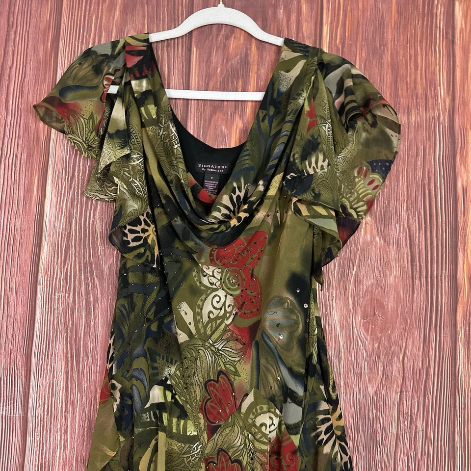 Vestido Midi Vintage Signature By Robbie Bee Decote Capuz Tamanho 8 Fada Etéreo Y2K Verde - Imagem 3 de 4