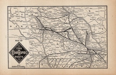 1900 Antique Cedar Rapids Route Railway Map  Vintage Railroad  Map 2895