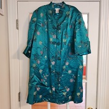 Vtg 50s Green Heavy Embroidered Floral Asian Silk Robe/Evening Jacket Chest 44