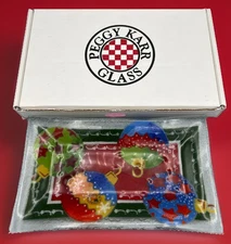 Peggy Karr Art Glass Rectangle Plate Christmas Ornaments 9.5” Signed NO Stand