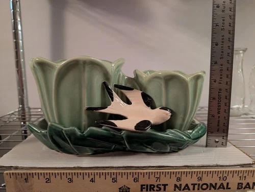 Planter McCoy Pottery Green Double Tulip w/ White & Black Swallow Bird Vintage