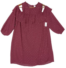 Old Navy Shift Dress Womens Small Burgundy Cold Shoulder Textured Dot Ruffle NWT