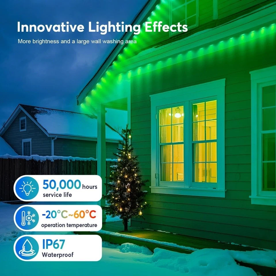 Luces exteriores permanentes de 200 pies para casa, aplicación y control remoto, aleros inteligentes RGB Foto 4 de 4
