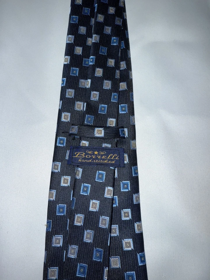 Corbata Borrelli cosida a mano azul geométrico  Foto 3 de 4