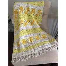 Vintage 1970s Crochet Afghan Baby Blanket Handmade Baby Blanket with Fringe