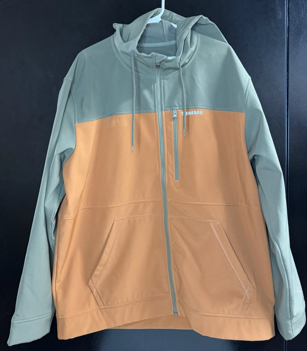 Simms Fishing Softshell Hoodie Jacket Mens XXL Olive Orange Fleece Line Full Zip