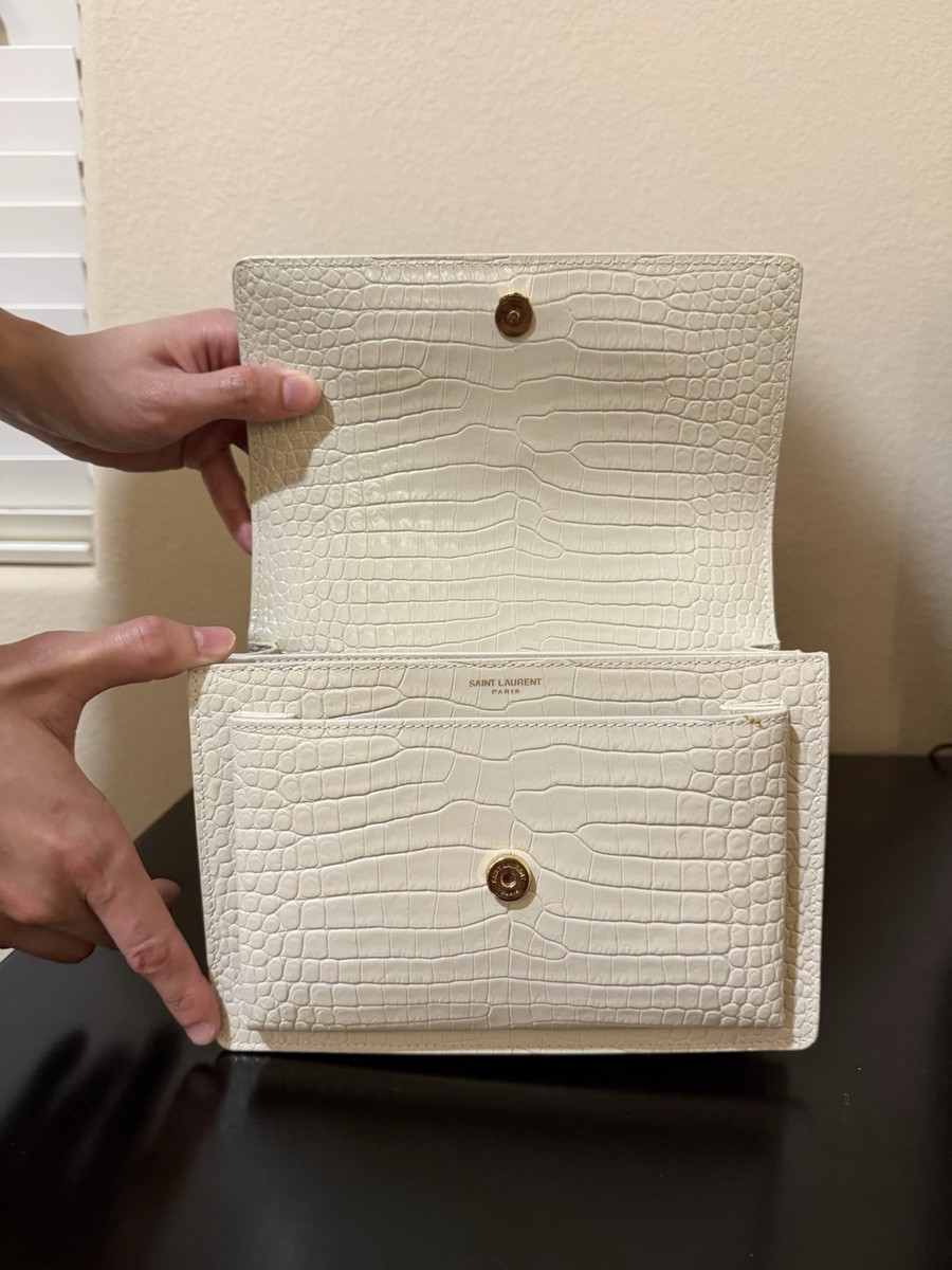 Saint Laurent White Crocodile Embossed Crossbody/Shoulder Bag Gold