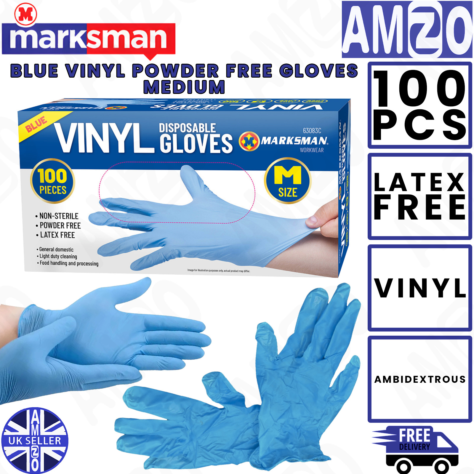 Marksman Blue Vinyl Gloves Medium 100 Pcs Powder Free Latex Free Disposable