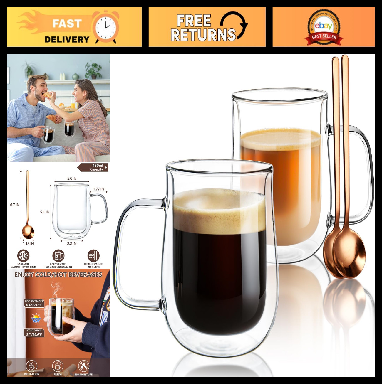 Insulated Double Walled Glass Coffee Mugs 16 OZ - Set of 2 w
