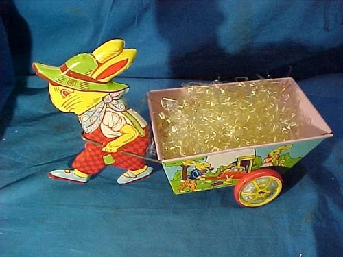 1950s J.CHEIN Tin Litho TOY EASTER RABBIT PULLING A Basket CART