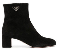 Prada 55MM Tronch Black Suede Silver Logo Short Ankle Block Heel Bootie 38.5