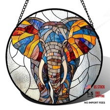Stained Glass Window Hanging, Colorful Elephant Sun Catcher 9.8x9.8 IN Silver