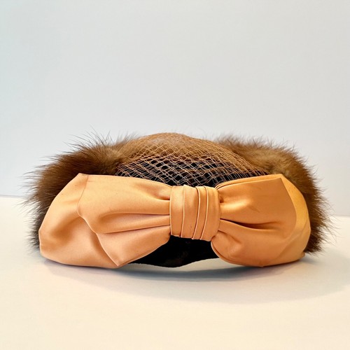 VTG 1950s Paul Beusam Custom-Designed Brown Mink Fur Women's Hat w/ Satin Bow - Picture 4 of 12