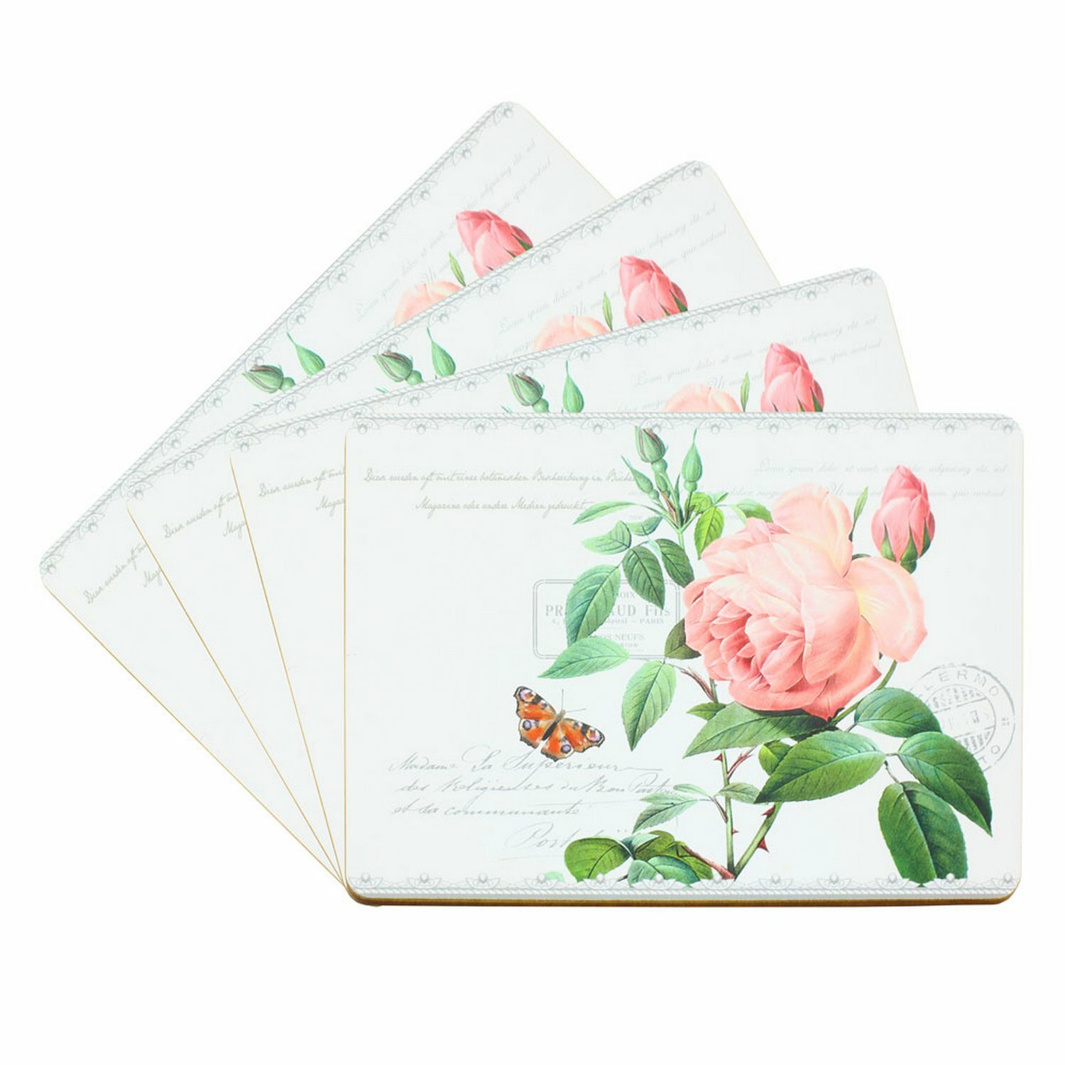Redoute Rose Placemats Set Pink Flower Four in Set Pink Rose Table