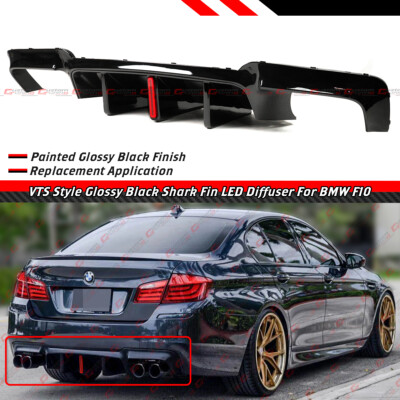 For 2011-16 BMW F10 528i 535i VTS Style Gloss Black Shark Fin LED Rear Diffuser