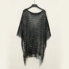 Solid Color Women Cape Wrap Shawl Sun UV Protection Tassel Hollow Out Blouse Top