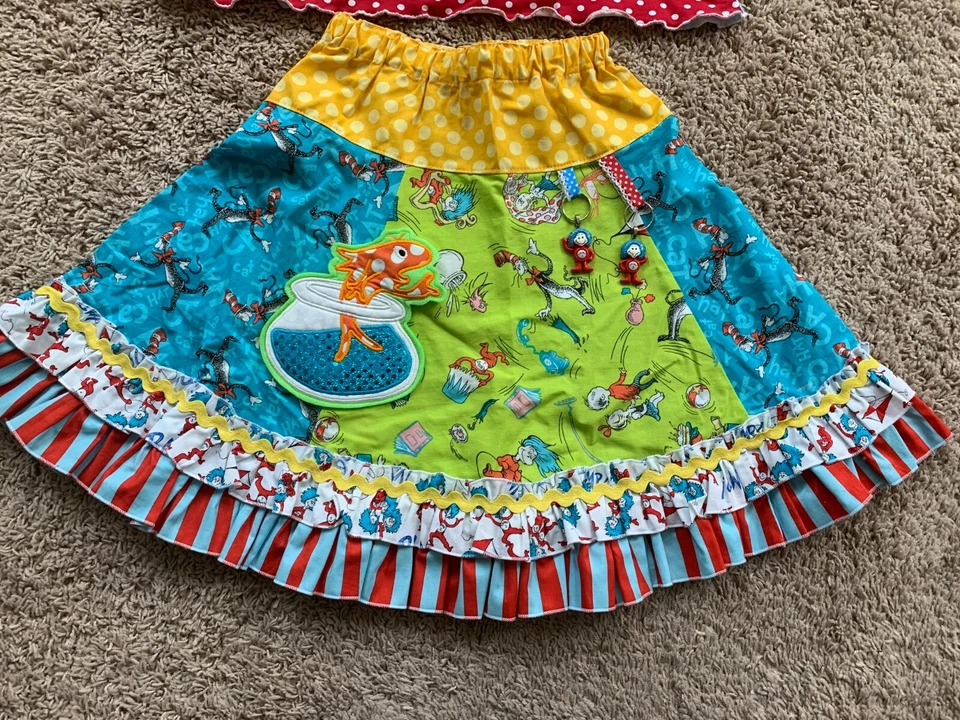Boutique Personalizado 7 8 9 10 Dr Seuss Top Falda Arco Collar Apliques Gato Sombrero ÚNICO EN SU CLASE Foto 3 de 4