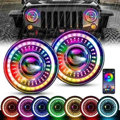 7'' RGB Starry LED Headlights Chasing Halo DRL Lamp For Jeep Wrangler JK TJ CJ LJ