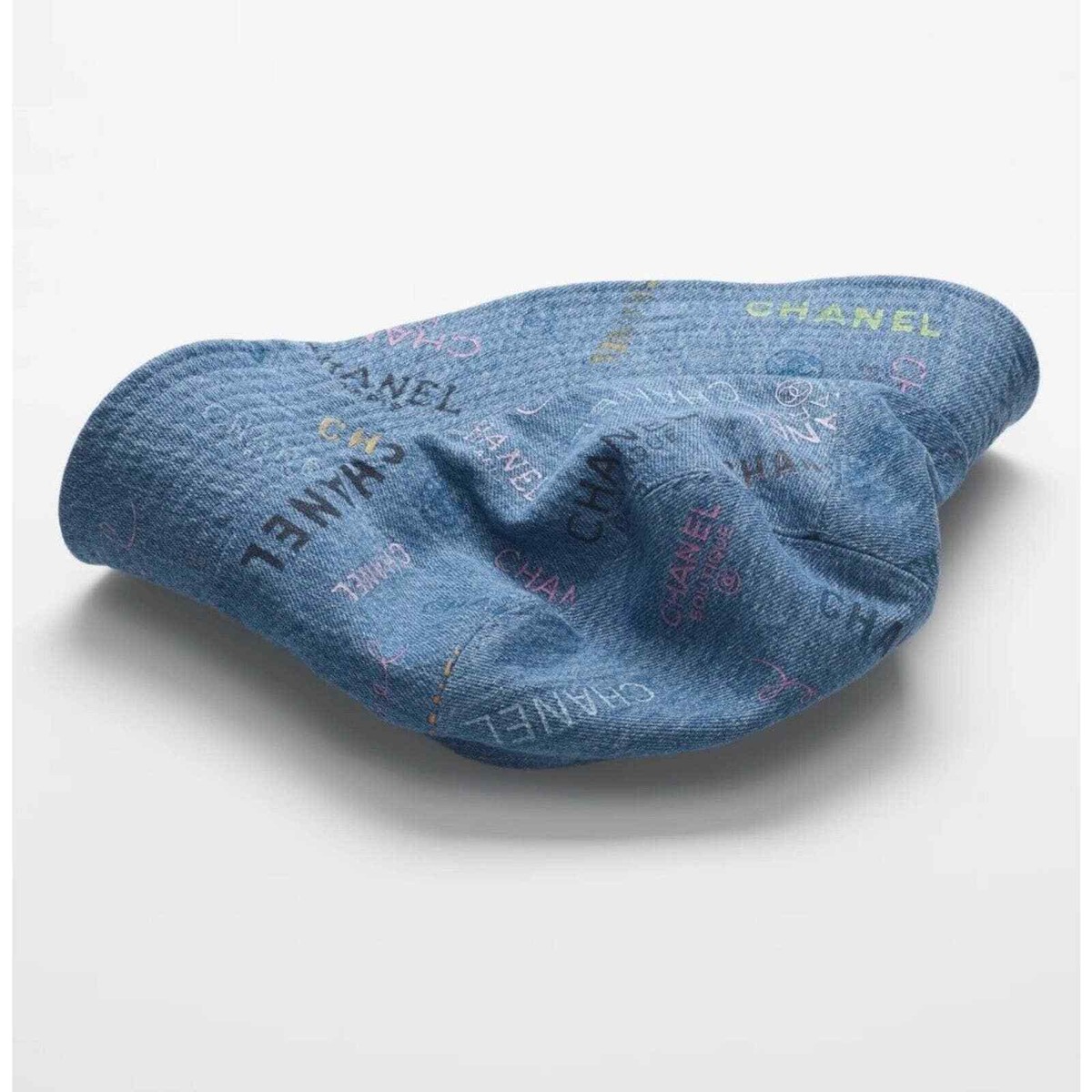 Chanel 22P Blue Black Pink Denim Graffiti CC Logo Sun Cloche