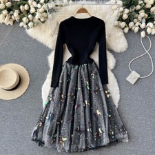 Lady Knitted Lace Patchwork Dress V Neck Sequins Butterfly Embroidery Splicing