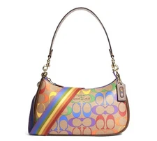 ☂️🍄Coach Teri Shoulder Bag In Rainbow Signature Canvas Gold/Khaki Multi CA176