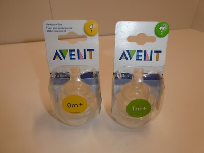 New 2 ea Pack Philips Avent Airflex #2 1m+ Slow Flow #1 Newborn Silicone Nipples
