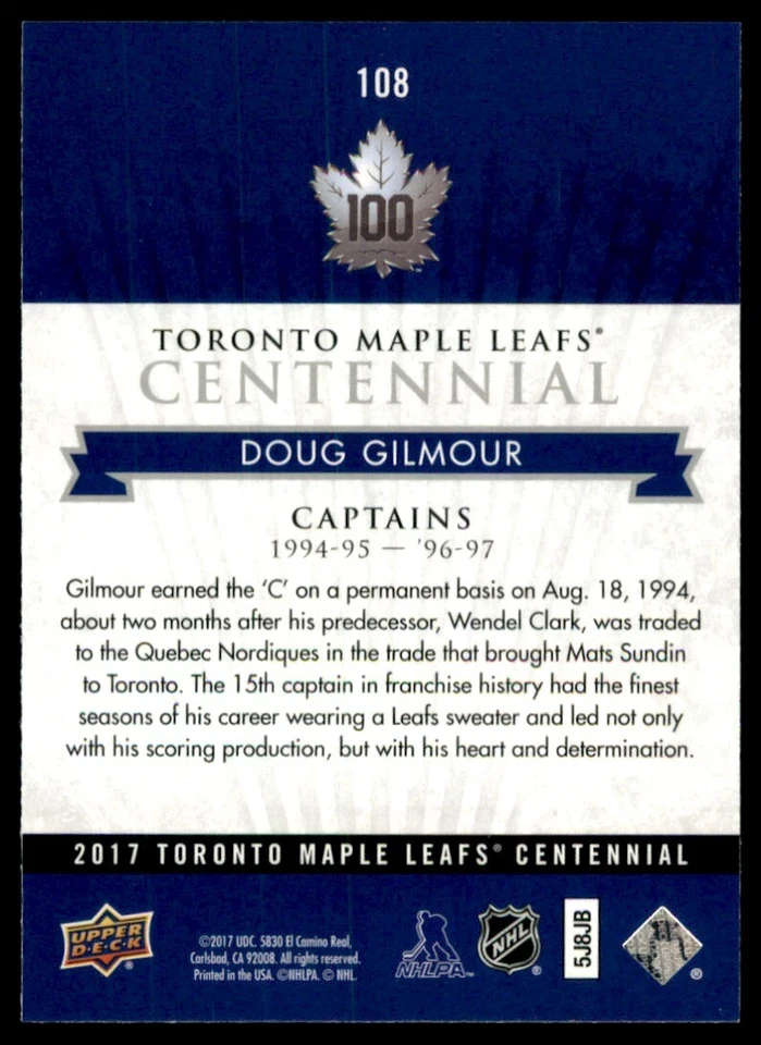2017-18 Upper Deck Toronto Maple Leafs Centennial Doug Gilmour #108 - Image 2 of 2