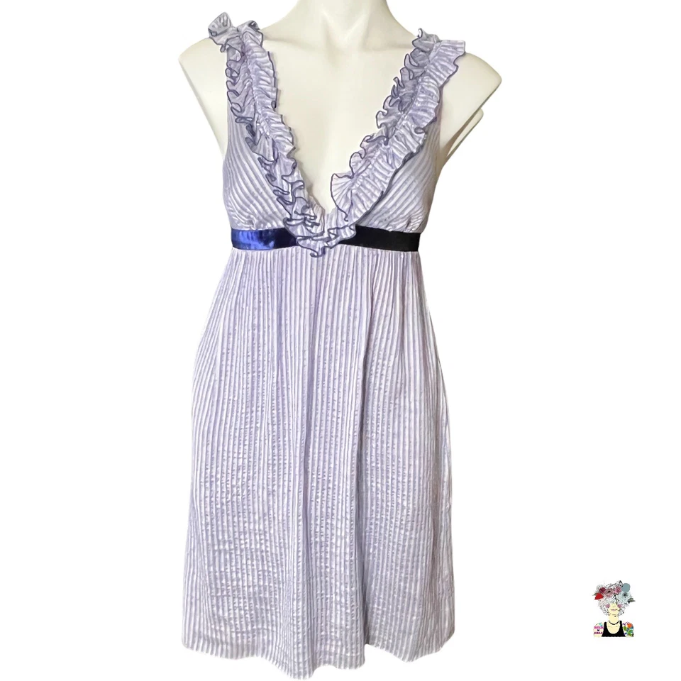 Vestido Thread Social Azul Seda Rayas Sin Mangas Imperio Cintura Volantes Talla 4 Foto 3 de 4