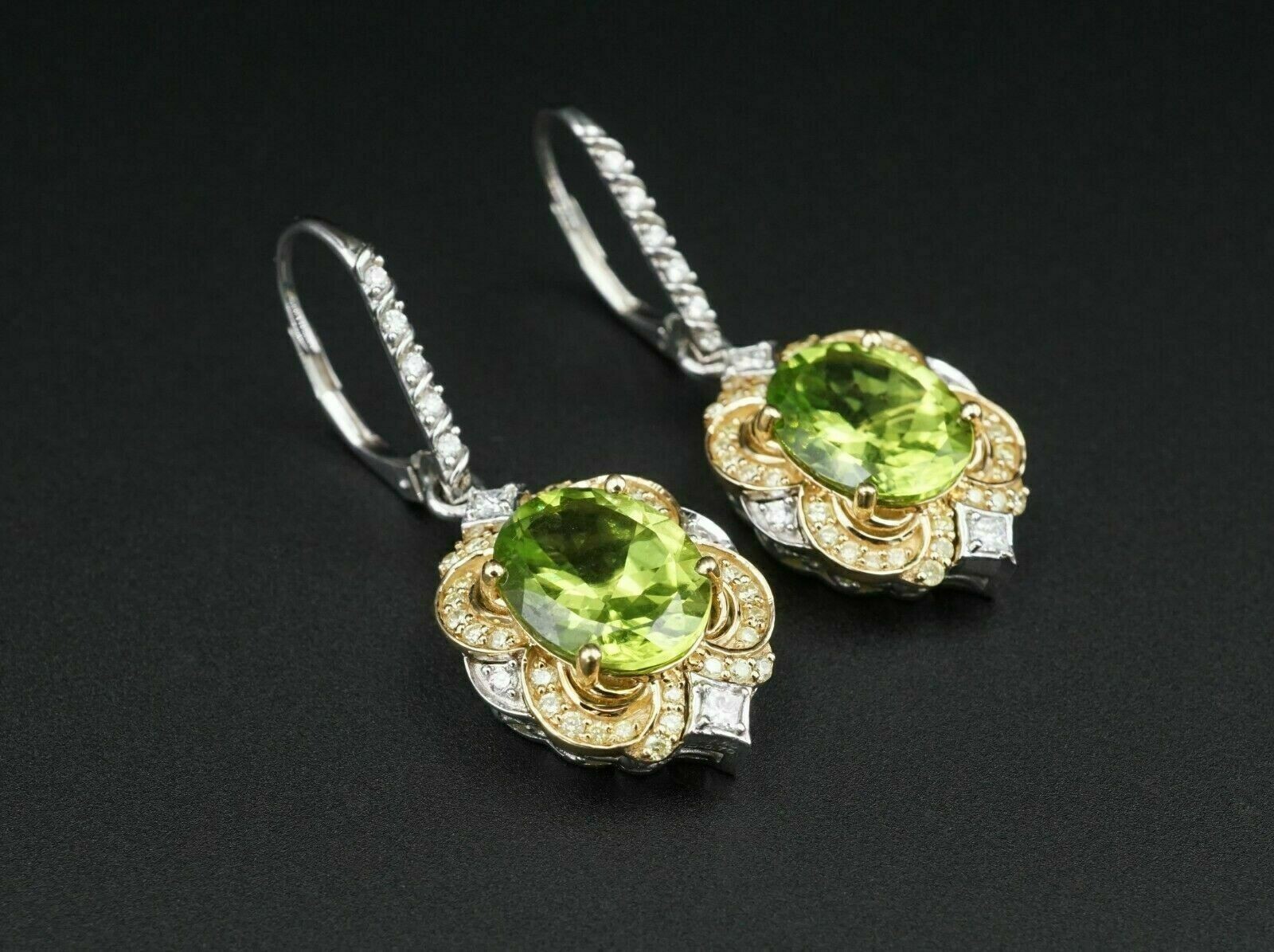 4 CT Oval Cut Peridot And Diamond Drop And Dangle Earrings 14K White Gold Finish