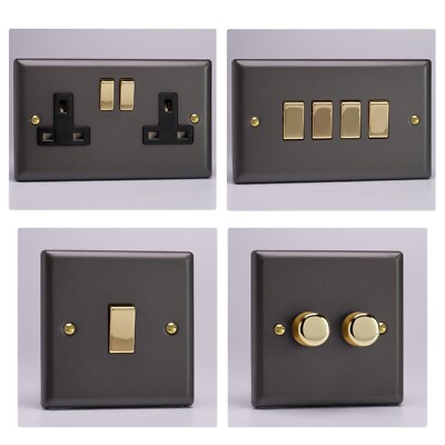 Varilight Vogue Schiefer & Messing Lichtschalter, Steckdosen, LED Dimmer etc