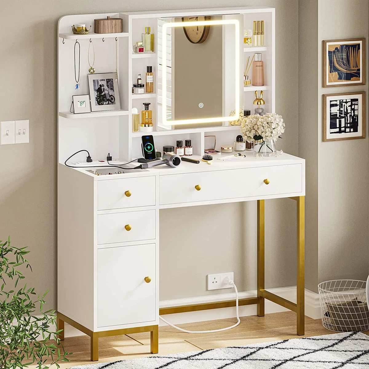 Makeup Vanity with Openable Mirror 3 Color Dimmable White Modern