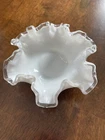 Vintage Fenton Silver Crest White Milk Glass Ruffled Edge Ribbon Candy Dish