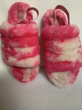 Ugg Fluff Yeah Pink Tie Dye Slippers Fuzzy Sandals Ankle Strap Lamb size 5.