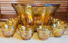 VTG Indiana Glass Harvest Grape Amber Gold Iridescent 12" Punch Bowl Set 12 Cups