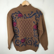 Vintage Jones New York 100 Wool Hand Knit Sweater Small Womens Floral Romantic