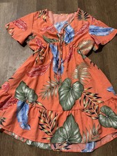 Tropical Leaf Print Women’s Dress Orange Green Size Large