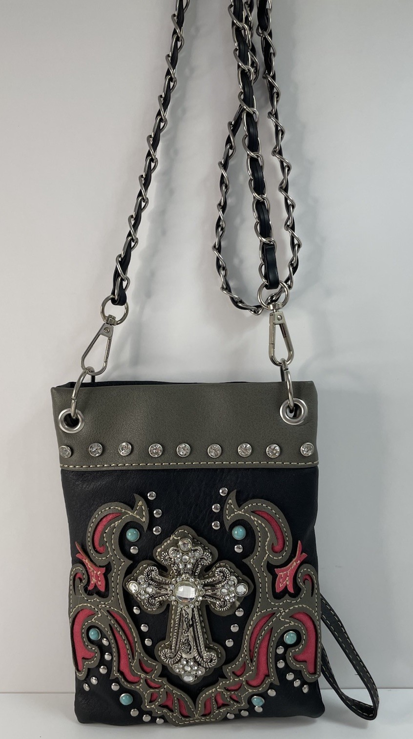 Western Cross Crossbody Cell Phone Purse – Rhinestone & Turquoise Studded Bag