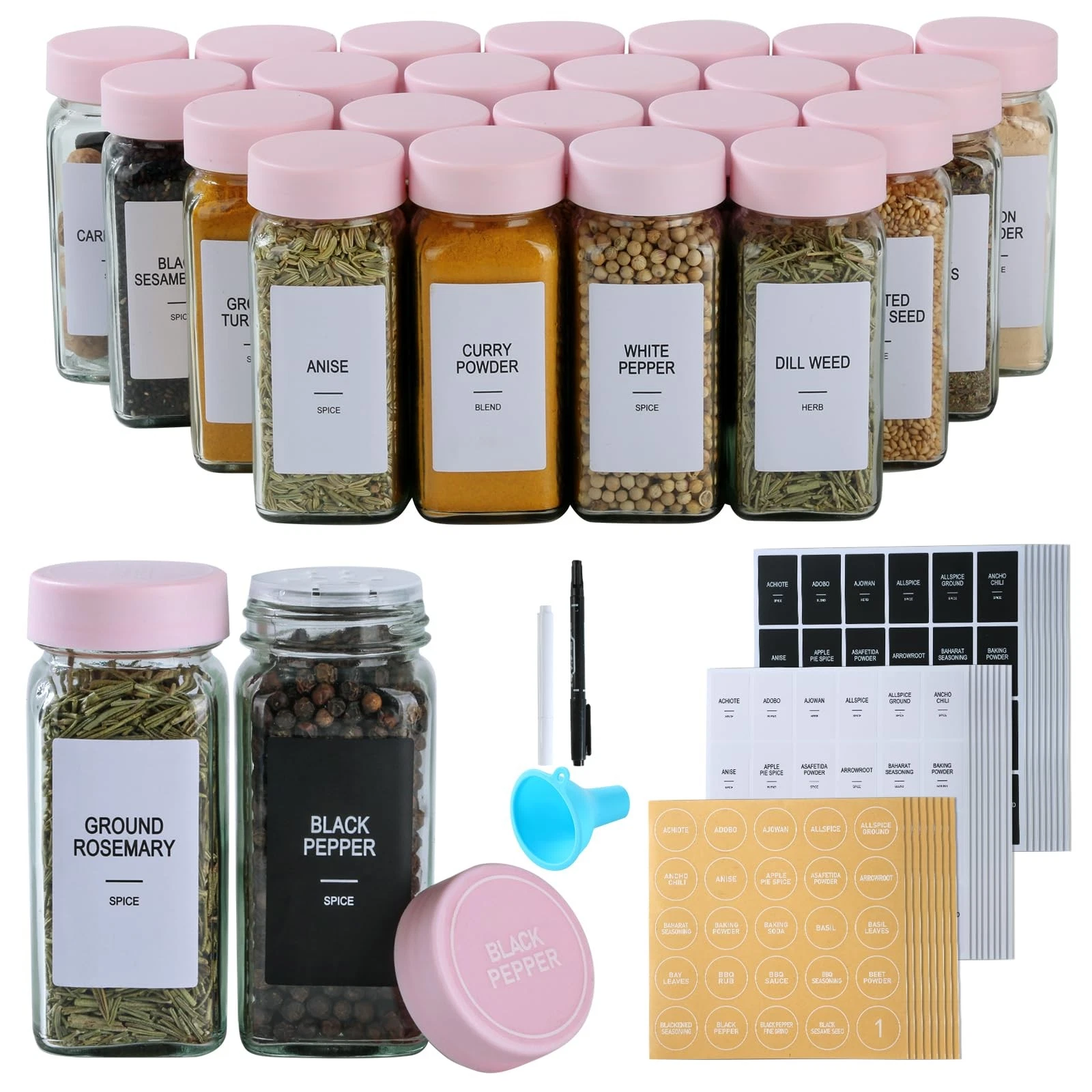 GMAMXD 24 Glass Spice Jars with Labels, Spice Jar Set, 4oz Seasoning Containe...