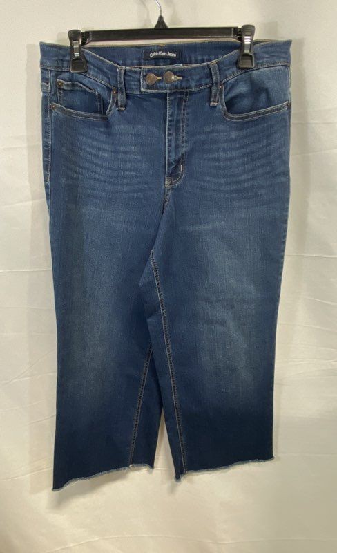 Calvin Klein Jeans Women's High Rise Wide Leg Cropped Blue Denim Raw Hem Sz 12