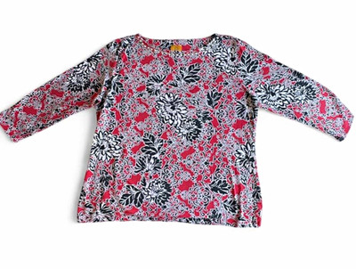 Ruby Rd. Womens Red Black White Floral Knit Round Neck Studded Pullover Top L
