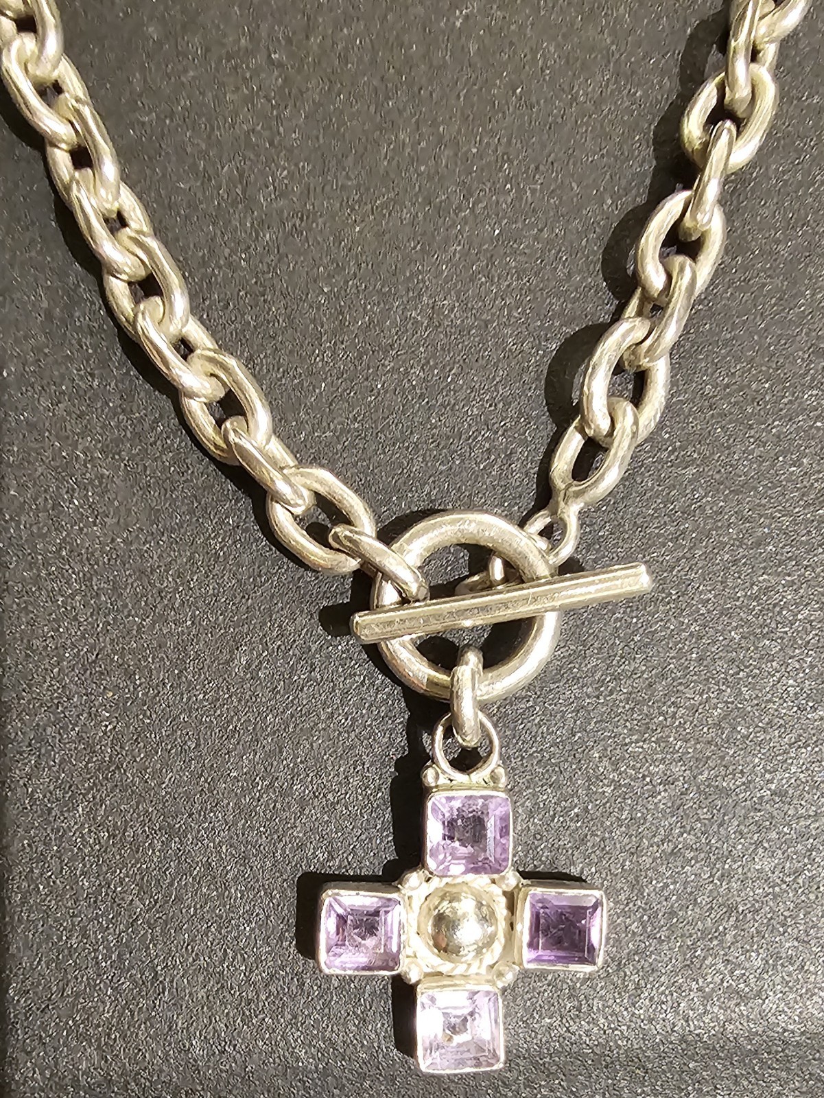 Vintage Solid Silver Chain Necklace Amethyst Cros… - image 2