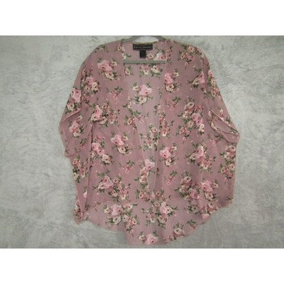Polly Esther Sheer Floral Kimono Cardigan Duster Pink Roses Butterfly Sleeve
